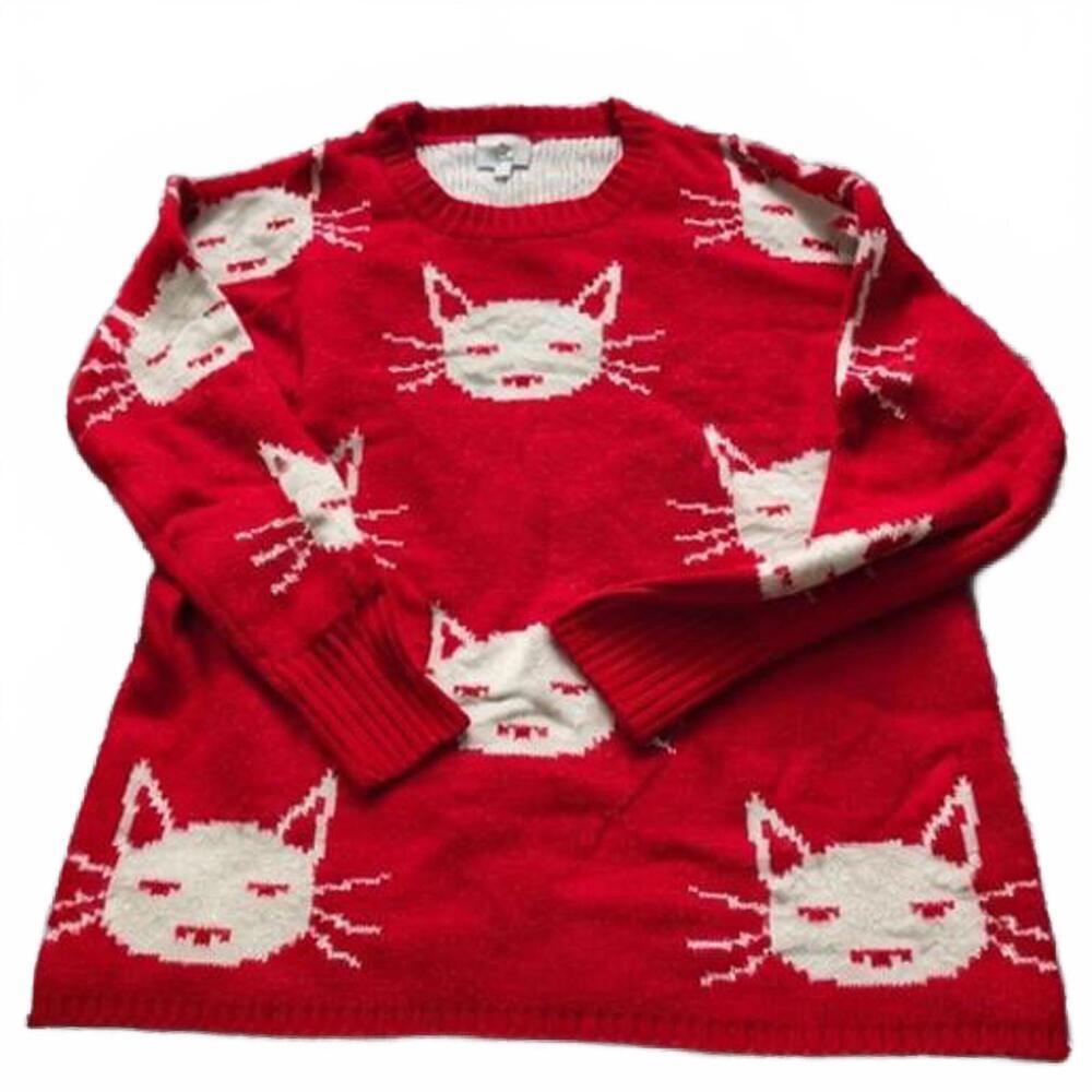 Hot & Delicious Red Cat Graphic Knit Sweater S/M Cottagecore Kawaii